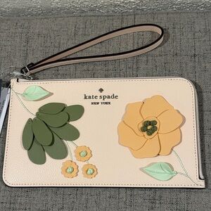 kate spade Blush Floral Appliqué Wristlet with Green Leaves NWT